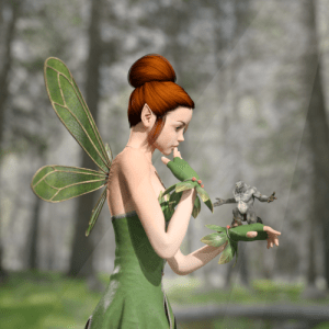 A small troll tells a cute fairy a tall tale